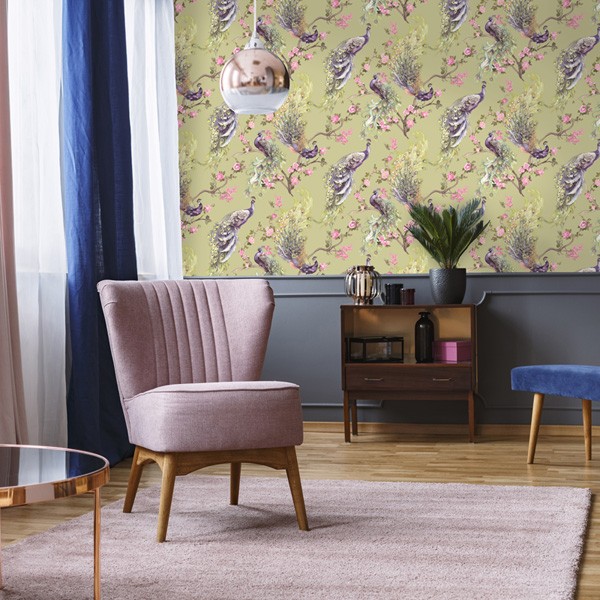 papel de parede pavão fundo amarelo