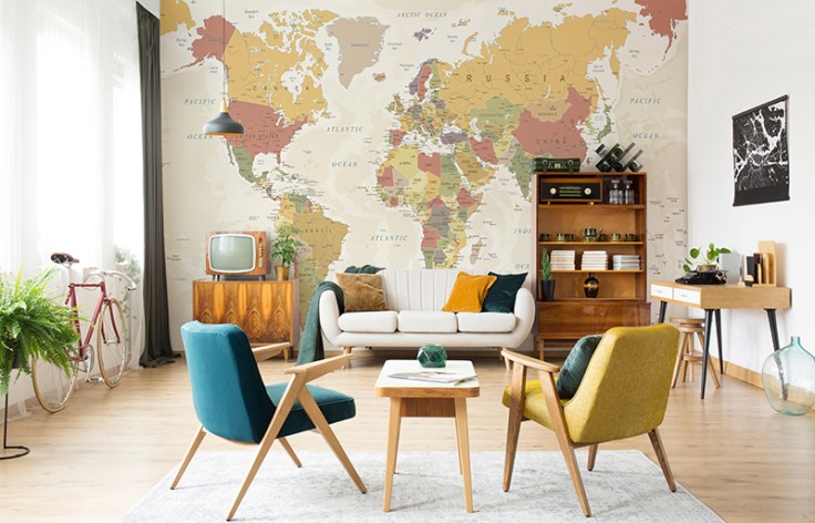 Painel mapa mundi tons pastéis 