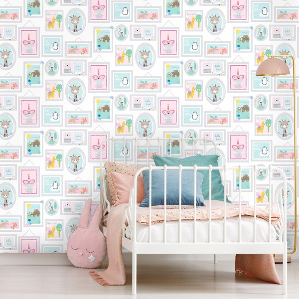 papel de parede infantil com molduras de animais