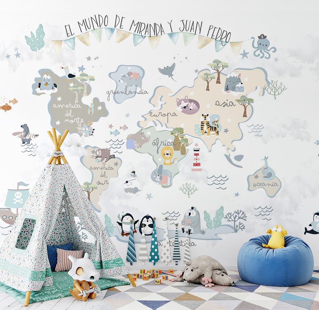 Mural Infantil Mapa Mundi – Personalizável – Papel De Parede Online, image size:1024x996
