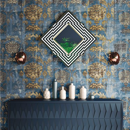 papel de parede medalhão azul e dourado