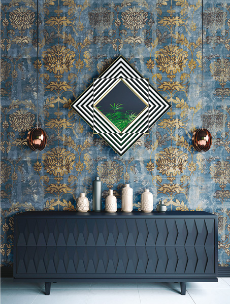 papel de parede medalhão azul e dourado