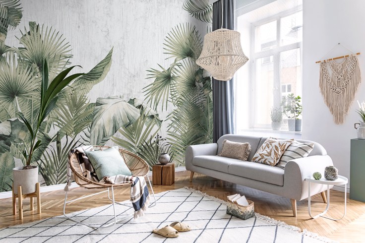 Sala decorada com mural natureza tropical savage fabricado em tecido não tecido